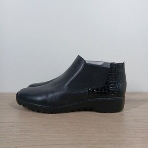 Rieker Ankle Boots Women 8 Black Leather Slip On Wedge Lug Sole Comfort Bootie